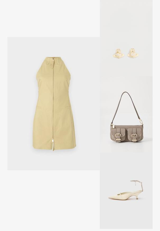 Ärmlös, knälång klänning i ljusgul tyg med hög krage, dragkedja fram och två sidfickor. Slät textur genom hela plagget.; Gräddfärgad spetsig slingback-hæl med tunn framrem och prydd ankelrem på vit bakgrund.; Beige texturerad handväska med justerbar rem, två framfickor säkrade med spännen och guldiga detaljer. Dragkedjestängning upptill.; Guldtonade studörrhängen med en Saturn-design, en texturerad band och inlagda cirkulära kristaller för extra glans.