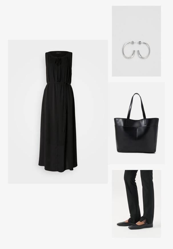 Fekete maxi ruha ujjatlan kivitelben, összegyűrt neckline-nal és derékmegkötővel. Simás anyagból készült, folyékony sziluettel.; Fekete bőr balettcipők hegyes orral, ezüst csattal ellátott pánttal, fekete szabott nadrággal, amelynek hasított szegélye van.; Fekete bőr bevásárlótáska két hosszú fogantyúval, sima felülettel és strukturált formával. Elülső zseb található rajta a plusz tárolás érdekében.; Ezüst karika fülbevalók sima, fényes felülettel, ívelt formával és postazáras zárral. Minimalista, modern kivitel.