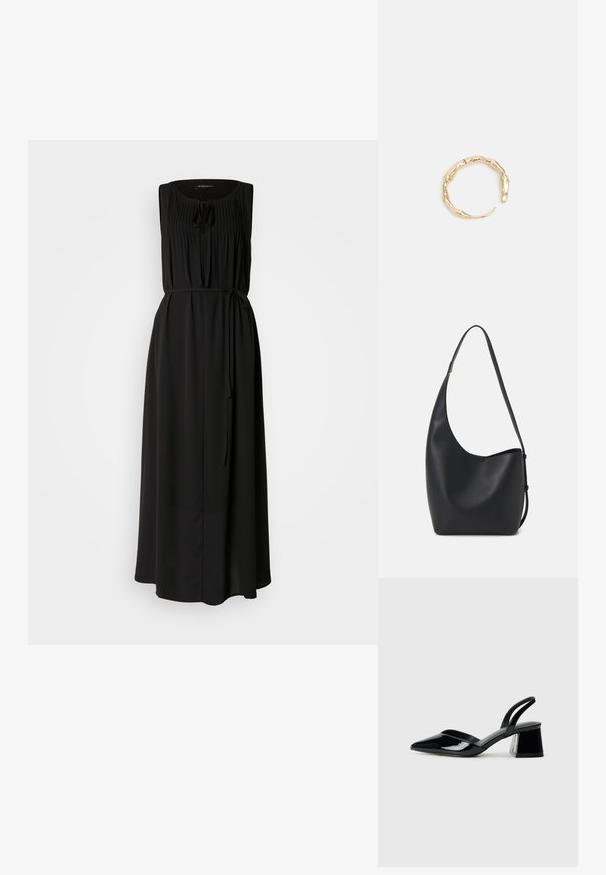 Črna maksi obleka z brezrokavnim dizajnom, nabranim dekoltejem in vezanjem v pasu. Narejena iz gladkega materiala z tekočim silhuetom.; Črne lakirane slingback pete s koničastim nosom in geometrijsko blokasto peto. Imajo eleganten, minimalističen dizajn in gladko teksturo.; Črna usnjena hobo torba z gladko teksturo, ukrivljeno obliko in eno nastavljivo naramnico; ima širok odprtina na vrhu.; Zlati prstan s organskim, zvitim dizajnom, gladko površino in taperiranimi konci, ki ustvarja modernega, skulpturalnega videza.