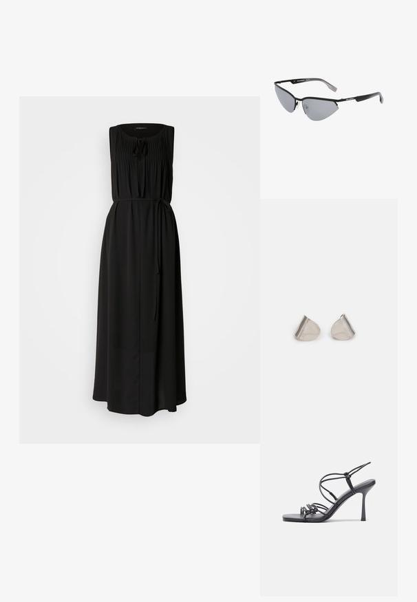 Svart maxikjole med ermeløs design, samlet halsutringning og midjebånd. Laget av glatt stoff med en flytende silhuett.; Svart høye hælsandaler har tynne stropper med en knyttet design, en glatt firkantet tå og en elegant stiletto-hæl.; Sorte solbriller med vinklede, kattøye-design. Sølvfargede speilglass. Slanke, lette plastik rammer med subtil merking på stengene.; Sølvmetalløreringer med en jevn, dråpeform og en polert finish. Subtile graveringer legger til detaljer. Minimalistisk design.