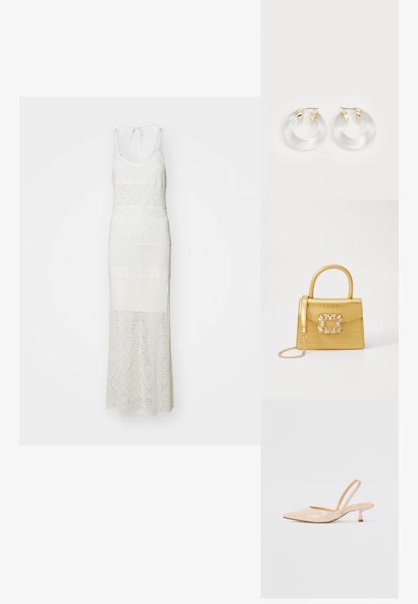 Ilgi balts kleita ar pieguļošu siluetu, kurai ir teksturēts adījuma raksts, platas siksnas un apaļa kakla izgriezuma forma. Aizmugurē ir saišu detaļa.; Bežīgas lakotas ādas slingback papēži ar smailu purngalu un šauru, kvadrātveida papēdi. Gluda tekstūra un minimālistisks dizains bez dekorēšanas elementiem.; Dzeltena mākslīgā krokodila roku soma ar strukturētu dizainu, augšējo rokturi, noņemamu ķēdes siksniņu un dekoratīvām kristāla rotājumiem aizdares daļā.; Caurspīdīgas akrila gredzenveida auskari ar zelta toņa metāla akcentiem un gludu apdari. Iespējas ir vienmērīgas, apaļas formas dizains.