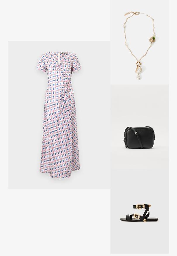 Lillelilleline lillelilleline kleit lühikeste varrukatega, millel on roosa, sinine ja valge muster, kokkuvõtlik vöökoht ja rüüdeste aktsent esiosas.; Mustad nahast sandaalid kuldsete pandlitega, millel on mitmed rihmad ja lame talladisain avatud varba jaoks.; Mustem nahast üleõlakott ristkülikukujulise disainiga, hõbedased aksessuaarid, reguleeritav rihm ja õrnalt reliefne logo detail.; Kuldne kaelakee keerutatud linkidega, valgete pärlitega ja rohelise kivi aktsendiga. Omab keerukaid detaile ja klambrit kinnitamiseks.