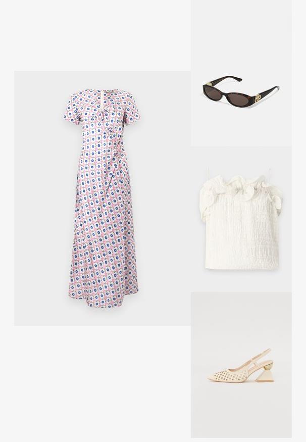 Abito lungo floreale con maniche corte, caratterizzato da un motivo rosa, blu e bianco, una vita aderente e un dettaglio di volant lungo la parte anteriore.; Hofmann Copenhagen EXCLUSIVE GENEVIVE - Top - off white; Scarpa slingback beige con tomaia perforata, punta affilata e un tacco triangolare a contrasto con un accento dorato. Texture liscia nel complesso.; Occhiali da sole tartarugati con lenti ovali allungate, tonalità marrone, accenti dorati con logo sulle tempie e aste nere eleganti.; Borsa a mano floreale bianca con superficie in tessuto arricciato, tracolla in catena dorata e chiusura in metallo. Presenta petali testurizzati per un tocco di dettaglio in più.