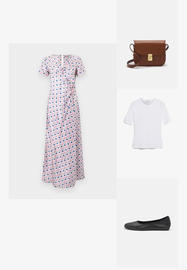 Ziedu maksi kleita ar īsām piedurknēm, ar rozā, zilu un baltu rakstu, pieguļošu vidukli un ruffles detaļu priekšpusē.; Balta īsām piedurknēm T-krekls, izgatavots no ribota auduma. Apaļš izgriezums, regulāra piegriezuma un diskrēti šuvumu detaļas. Bez printiem vai grafikām.; Melna ādas baleta kurpe ar noapaļotu purngalu, gludu tekstūru, minimālu šuvju detalizāciju un elastīgu zoles dizainu.; Bordo ādas rokas soma ar atloku, zeltītām detaļām, plecu siksnu un gludu virsmu. Kompakta, taisnstūrveida forma.