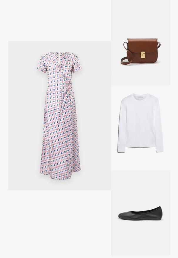 Floral maxi-jurk met korte mouwen, met een roze, blauwe en witte print, een aansluitende taille en een rimpelaccent aan de voorkant.; Wit T-shirt met lange mouwen, gemaakt van ribgebreide katoen, met een ronde halslijn en een rechte zoom. Eenvoudig ontwerp zonder patronen of accenten.; Zwarte leren ballerina met een ronde neus, gladde textuur, minimale stikdetails en een flexibele zoolontwerp.; Bruine leren handtas met een klep sluiting, gouden hardware, een schouderband en een gladde textuur. Compact rechthoekige vorm.