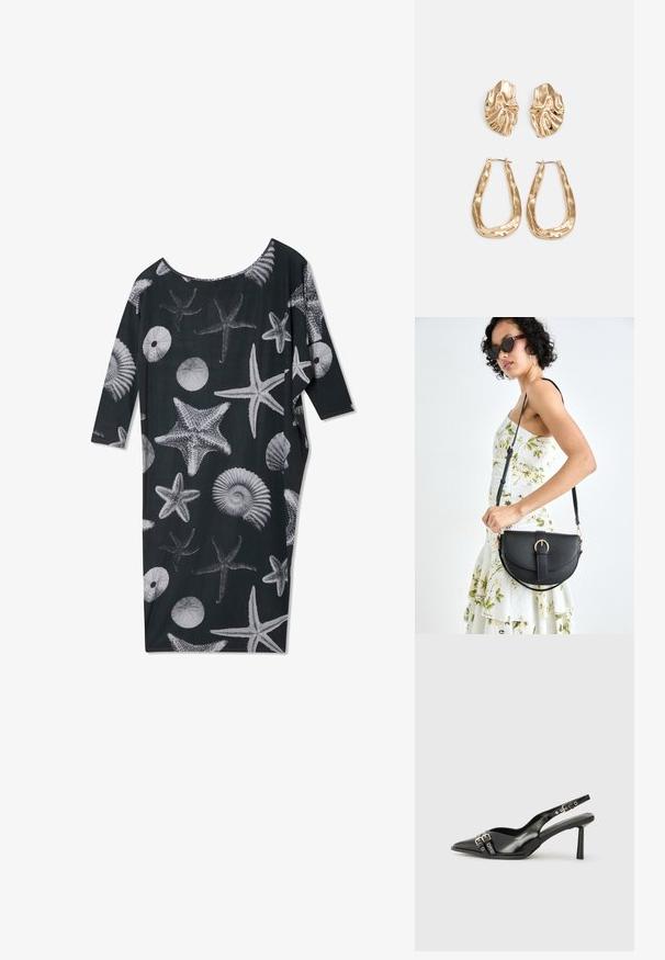 Vestido preto com um corte solto e decote amplo, apresentando padrões brancos de conchas e estrelas-do-mar por toda a peça. Mangas de comprimento três quartos.; Sapato slingback preto em pele patentada com bico apontado, tiras no tornozelo apresentando fivelas e acessórios prateados, e um salto elegante.; Bolsa de couro preta com forma curva, alça destacável e detalhes em dourado. A bolsa possui uma aba com detalhe de fivela.; Brincos em tom de ouro com formas onduladas e texturizadas. Inclui studs escultóricos com presilha e um design de argola aberta com um acabamento martelado.