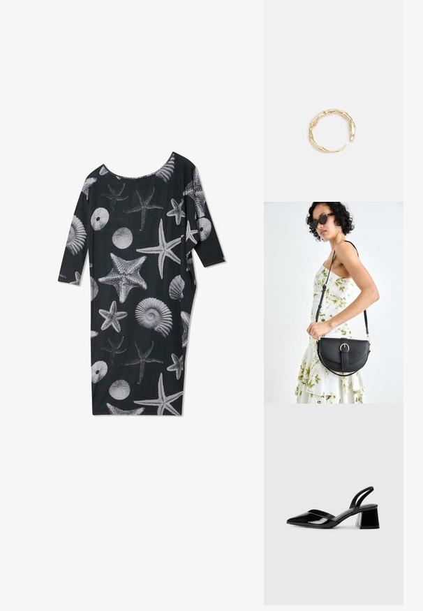 Mustmustüüpi must kleit, millel on avar kaelus ja lahtine istuvus, kaunistatud valgete merikarpide ja tähtedega, mis katavad kogu kleidi. Kolmeveerandi pikkused varrukad.; Mustad musta lakknahk kingad, millel on terav varvas ja geomeetriline plokkkonts. Omab elegantselt minimalistlikku disaini ja sujuvat tekstuuri.; Mustmust mustraha kõverate joontega, eemaldatava rihmaga ja kuldsete detailidega. Kotil on klapp, millel on pandladetail.; Kuldtoonis sõrmus, millel on orgaaniline, keerdunud disain sileda tekstuuri ja kitsenevate otstega, luues kaasaegse skulptuurilise välimuse.