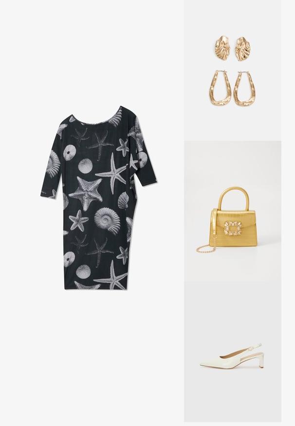 Svart kjole med løs passform og bred halsutskjæring, med hvite skjell- og sjøstjernemønstre over hele plagget. Trekvart lange ermer.; Hvit patentlær slingback-sko med spiss tå og lav blokkheel. Har en diskret stropp med detalj i gulltone.; Gul faux-krokodille veske med en strukturert design, toppen håndtak, avtagbar kjede stropp, og dekorativ krystallbortsettelse på låsen.; Gullfargede øredobber med teksturerte, bølgete former. Inkluderer skulpturelle klipsstuds og åpen hoop-design med en hamret finish.