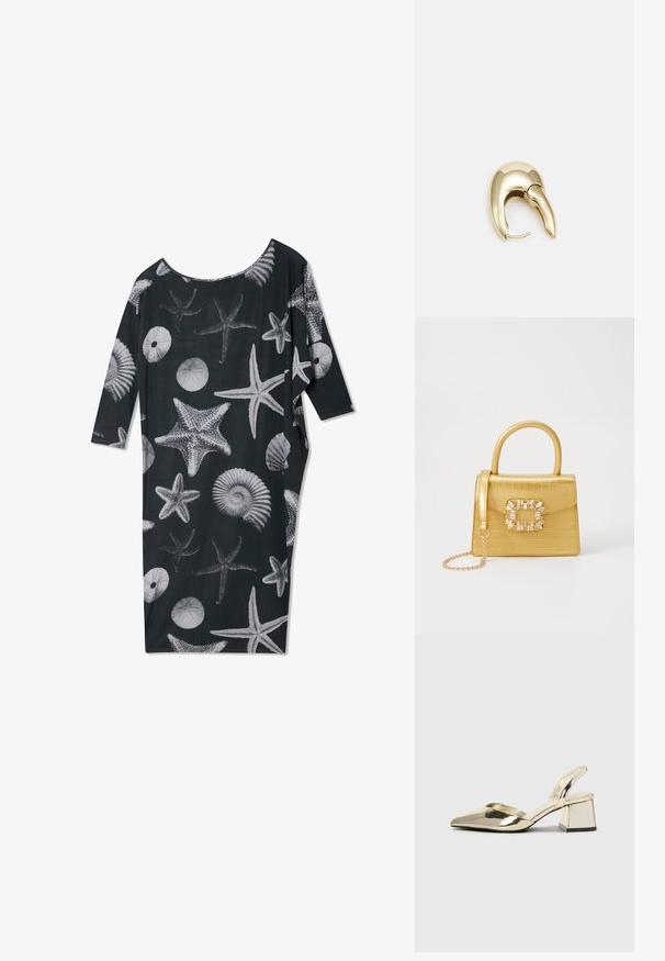 Melnas drēbes ar brīvu piegriezumu un plašu kakla izgriezumu, kurām visā virsmā ir balti jūras čaumalu un jūras zvaigžņu raksti. Piedurknes līdz trim ceturtdaļām.; Zeltaini, metāla kurpes ar siksniņām, norakans purngalis un masīla papēdis. Gluda tekstūra, minimālisma dizains un šaura siksna.; Dzeltena mākslīgā krokodila roku soma ar strukturētu dizainu, augšējo rokturi, noņemamu ķēdes siksniņu un dekoratīvām kristāla rotājumiem aizdares daļā.; Zeltīti metāla auskari ar gludu, izliekta dizaina. Ar atšķirīgu smailu formu, pulētu virsmu un eņģu aizdari.