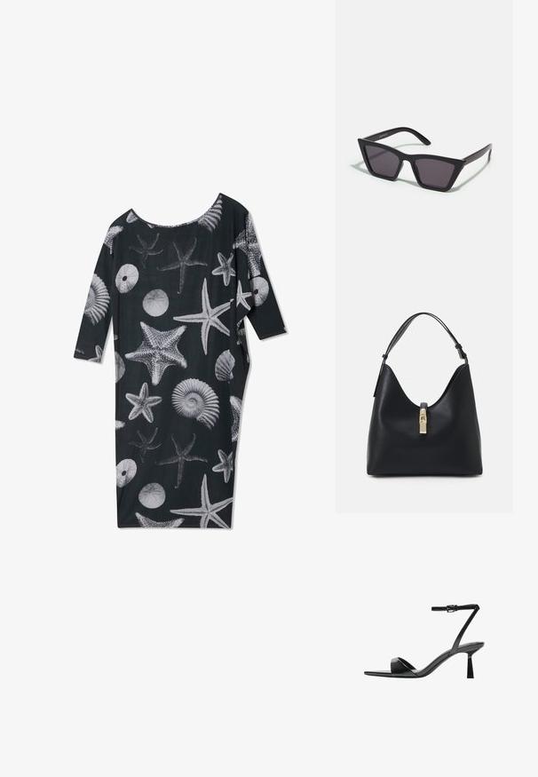 Crna haljina s opuštenim krojem i širokim izrezom, ukrašena bijelim uzorcima školjki i zvijezda. Rukavi do tri četvrtine.; Bershka Sandale s visokom petom - black; Crne, uglaste sunčane naočale sa sivoj lećama; izrađene od plastike, imaju debele nogice s glatkom površinom i bez vidljivih metalnih dijelova.; Crna kožna torba s zaobljenim, konturiranim oblikom, koja ima zatvaranje na zlatnu bravu i jednu podesivu trakicu. Glatka tekstura.