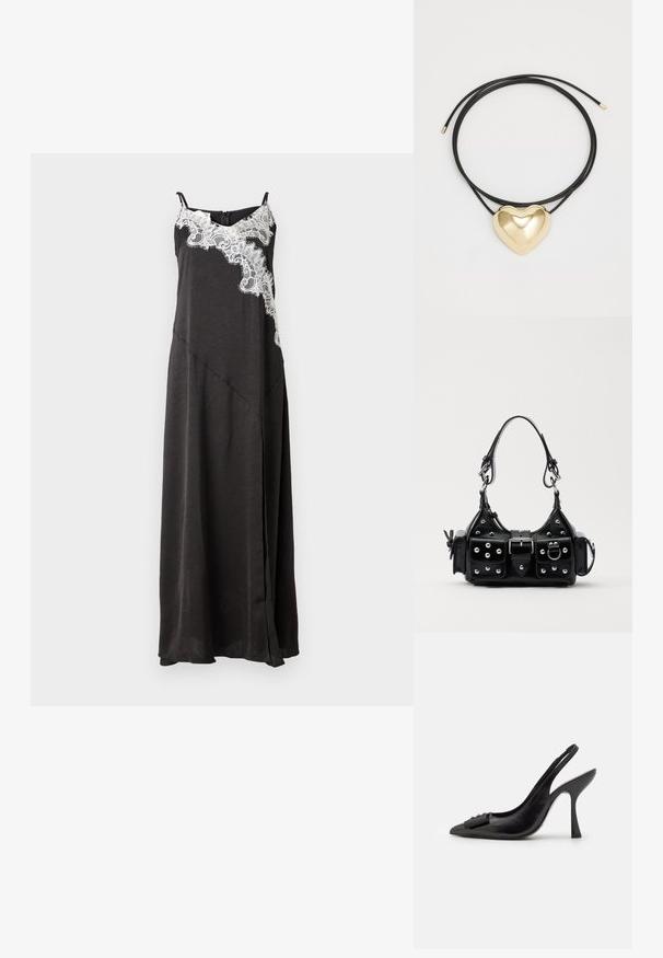 Juoda maxi suknelė su špagetėmis, su nėrinių akcentu kairėje pusėje ir A formos siluetu. Lygus, lengvas audinys.; Juoda odinė slingback tipo avalynė su smailiu pirštu, siauru aukštu kulnu ir dekoratyvine kaspino akcentu. Lygi tekstūra ir elegantiškas dizainas.; Juodas odinis rankinukas su kreiviu dizainu, su sidabro spalvos knopkėmis, užsegimu ir dviem šoninėmis kišenėmis. Reguliuojama dirželis nešimui.; Juodas pintas virvutės vėrinys su poliruotu auksiniu širdies pakabuku, pasižyminčiu švelniomis formomis ir blizgiu paviršiumi.