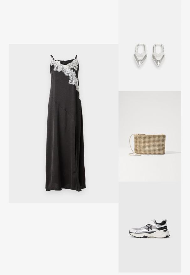 Crna maxi haljina s tankim naramenicama, s čipkastim detaljem s lijeve strane i A-linijom siluetom. Glatka, lagana tkanina.; Srebrni i bijeli atletičarski tenisice s mrežastim i sintetičkim materijalom, podstavljenim ovratnikom, crnim detaljima i debelim potplatom. Crni logo na strani.; Loeffler Randall YASMINE FLAT CLUTCH - Torba preko tijela - gold; Srebrni padlockovi u obliku srca s ugraviranim tekstovima "DA" i "NE", s poliranim završnim obradama, simetričnim dizajnom i robusnim metalnim kopčanjem.