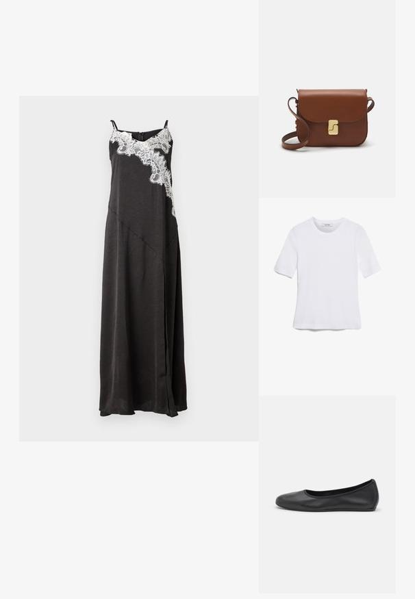 Crna maxi haljina s tankim naramenicama, s čipkastim detaljem s lijeve strane i A-linijom siluetom. Glatka, lagana tkanina.; Bijela majica s kratkim rukavima izrađena od rebraste tkanine. Okrugli izrez, klasičan kroj i suptilni detalji šivanja. Bez uzoraka ili grafika.; Crne kožne baletanke s zaobljenim vrhom, glatke teksture, minimalnim detaljima šavova i fleksibilnim dizajnom potplata.; Smeđa kožna torba s preklopom, zlatnim detaljima, remenom za nošenje preko ramena i glatkom teksturom. Kompaktni pravokutni oblik.
