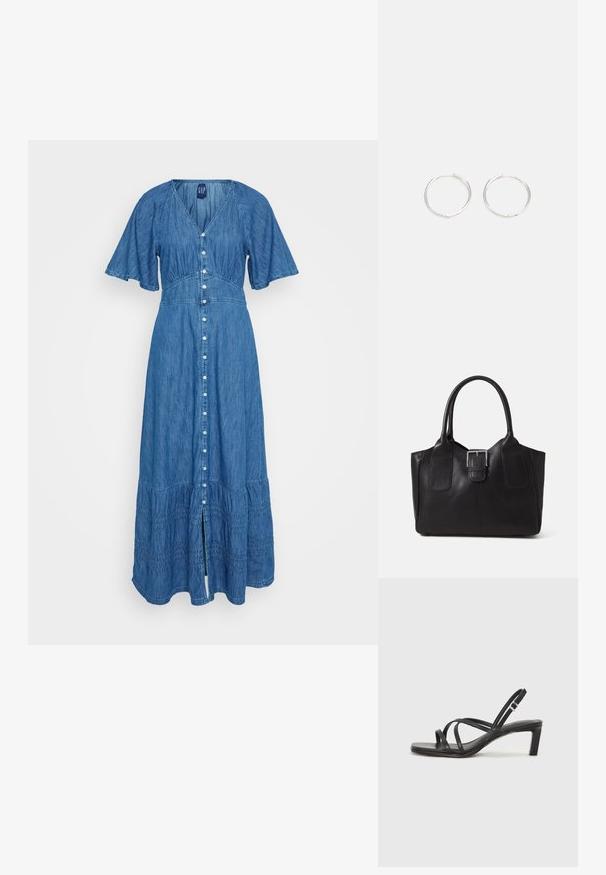 Denim maxi ruha rövid, bővülő ujjakkal, V-nyakkal, gombos nyakkivágással és réteges fodros szegéllyel. Kék anyag finom textúrával és derékban gyűrődéssel.; Fekete pántos szandál négyzetes orral és alacsony blokk sarkal. Több vékony pánttal és állítható boka pánttal rendelkezik. Sima bőrből készült.; Fekete bőr bevásárlótáska sima textúrával, strukturált formával, két fogantyúval és egy figyelemfelkeltő ezüst csattal az elején.; Ezüst karika fülbevalók, letisztult, kerek formával, sima felülettel és látható díszítés nélkül. A átmérő nem megadott.
