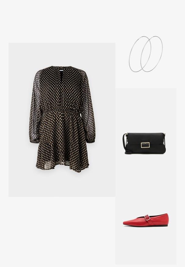 Melnas kleitas ar garām caurspīdīgām piedurknēm, elastīgu vidukli un zelta ziedu rakstu. Iezīmējas ar atslēgas caurumu pie kakla un slāņotu svārku.; Sarkanais ādas plakanās kurpes ar smailu purngalu, ar sānu siksnu un metāla sprādzi, kā arī zemu melnu papēdi. Visa virsma ir gluda.; Melnas ādas saķeres soma ar atloku un zelta metāla sprādzi. Ietver melnu siksnu un elegantu, minimālistisku dizainu.; Sudraba gredzenveida auskari ar minimālistisku dizainu. Cirkulāra forma, gluda tekstūra un plāns profils. Vieglu svaru ar spīdīgu apdari.