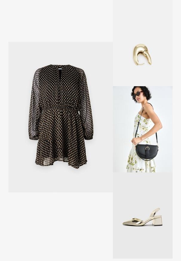 Crna haljina s dugim prozirnim rukavima, elastičnim strukom i zlatnim cvjetnim uzorkom. Ima otvaranje za vrat u obliku ključa i višeslojnu suknju.; Zlatni metalik slingback sandali s šiljatim vrhom i debelim potpeticama. Glatka tekstura, minimalistički dizajn i uski remen.; Crna kožna torba s lukovitim oblikom, odvojivim remenom i zlatnim detaljima. Torba ima preklop s kopčom.; Zlatne metalne naušnice s elegantnim, zakrivljenim dizajnom. Imaju karakterističan šiljast oblik, poliranu površinu i zatvaranje na šarku.