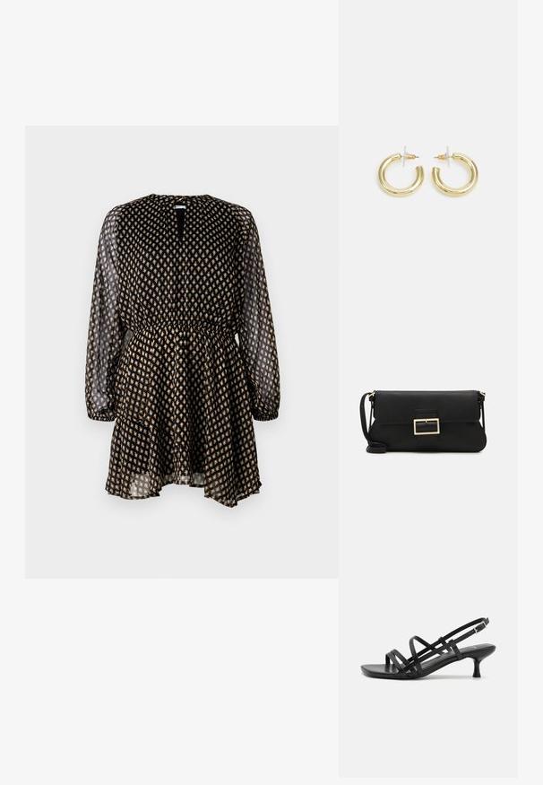 Fekete ruha hosszú áttetsző ujjaival, rugalmas derékrésszel és arany virágmintával. Jellemzője a kulcslyuk formájú nyakkivágás és a réteges szoknya.; Fekete magassarkú szandálok több keresztben átkötött pánttal. Simább anyag, hegyes orr és keskeny sarok. Állítható bokapánt kapcsos rögzítéssel.; Fekete bőr kézitáska hajtóka részlettel és aranyszínű fém csattal. Tartalmaz egy fekete pántot és egy letisztult, minimális dizájnt.; Arany fülbevalók sima, fényes felülettel. Kör alakú dizájn, amely kis kapoccsal és átlátszó tartozékkal rendelkezik a biztonságos viselés érdekében.