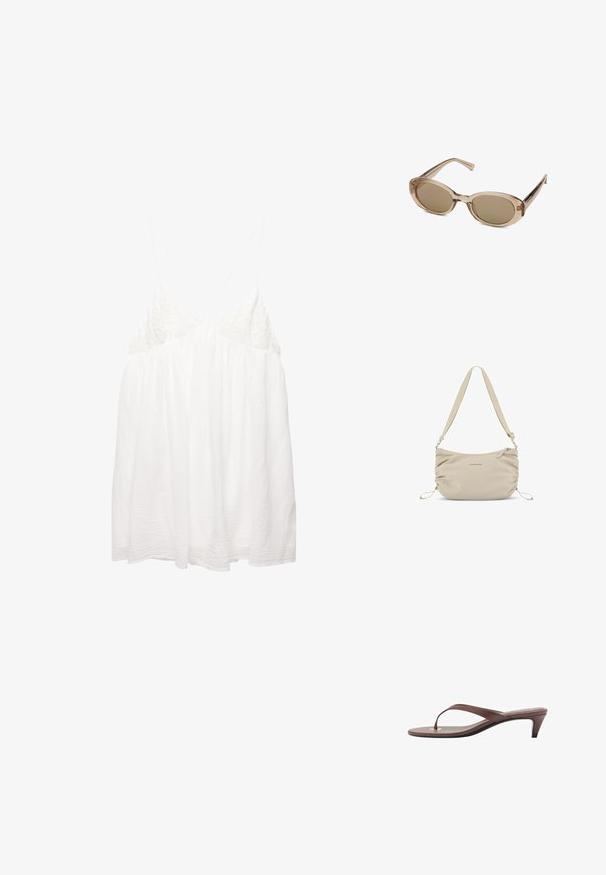 Witte, mouwloze top met delicate kanten details op het lijfje, vloeiende stof en verstelbare bandjes. Gestructureerd, lichtgewicht materiaal.; Bruine hakken flip-flop sandaal met een slanke band en ronde teenpost, met een kleine gouden accent op de voetbed.; Zonnebril met een transparante beige montuur, ovale lenzen en slanke pootjes. Beschikt over lichtbruine getinte lenzen en minimale branding.; Beige nylon schoudertas met een zachte textuur, gerimpelde zijkanten en een verstelbare schouderriem. Voorzien van een ritsluiting en subtiele logo-opdruk.