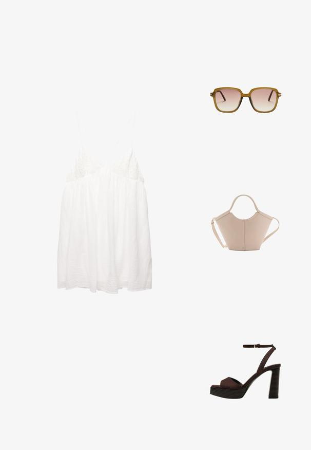 Hvid, ærmeløs top med delikate blonde detaljer på busten, flydende stof og justerbare stropper. Tekstureret, letvægtsmateriale.; Brune ruskinds højhælede sandal med åben tå, justerbar ankelrem og en stribet plade sål.; Firkantede solbriller med en lysebrun gennemsigtig ramme, gradient rosa linser og mørkebrune tempelarme. Minimalistisk design med subtile hardwaredetaljer.; Lysebrun læderhåndtaske med en unik form, featuring to korte håndtag og et langt justerbart rem. Glat tekstur med minimal hardware.