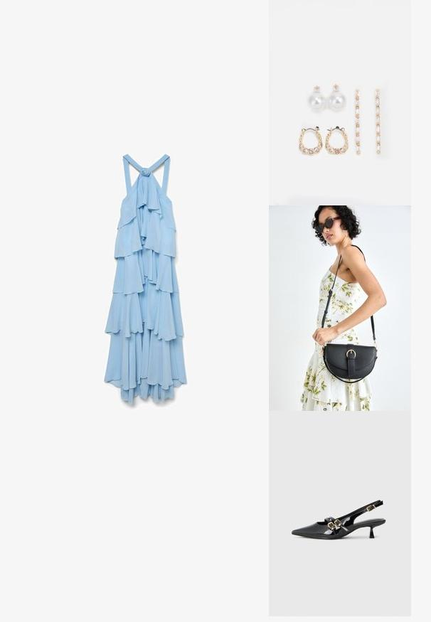 Lyseblå, ærmeløs kjole med lagdelte flæser. Stoffet ser blødt og svævende ud, med en knude detalje på bagsiden af stropperne.; Sorte patentlæder slingback hæle med spids tå, dobbelt stropper med guldbuckles og en kort kitten hæl. Glat overflade.; Sort læderhåndtaske med en buet form, aftagelig rem og guldfinish. Tasken har en klap med en spænde detalje.; Tre par øreringe: store hvide perle studs, guld hoops med klare ædelstene, og to lange, lige guld accenterøreringe med glitrende detaljer.