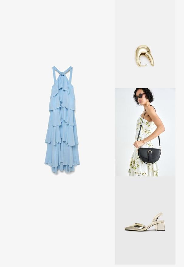 Vestido sin mangas de color azul claro con volantes en capas. La tela parece suave y vaporosa, con un detalle de nudo en las tirantes traseras.; Tacones slingback metálicos dorados con punta afilada y tacón grueso. Textura suave, diseño minimalista y una correa estrecha.; Bolso de piel negra con forma curva, correa desmontable y herrajes dorados. El bolso cuenta con una solapa con un detalle de hebilla.; Pendiente de metal en tono dorado con un diseño elegante y curvado. Presenta una forma puntiaguda distintiva, superficie pulida y cierre de bisagra.