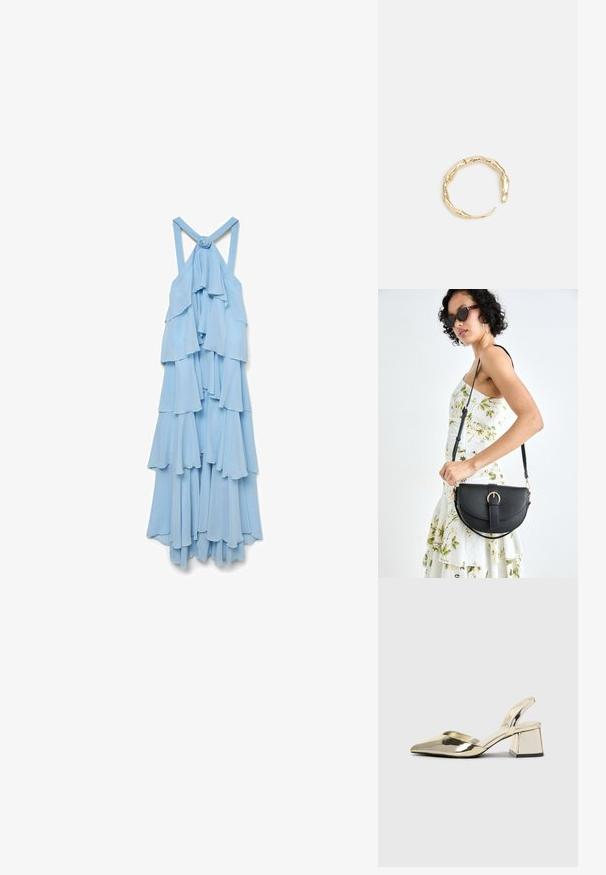 Lyseblå, ærmeløs kjole med lagdelte flæser. Stoffet ser blødt og svævende ud, med en knude detalje på bagsiden af stropperne.; Guld, metalliske slingback-hæle med spids tå og kraftig hæl. Glat tekstur, minimalistisk design og en smal strop.; Sort læderhåndtaske med en buet form, aftagelig rem og guldfinish. Tasken har en klap med en spænde detalje.; Guld-tone ring med et organisk, snoet design, glat overflade og affasede ender, hvilket skaber et moderne, skulpturelt udseende.