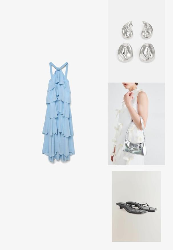 Svijetloplava, bezrukavna haljina s slojevima volana. Tkanina izgleda meka i lepršava, s čvorom na trakama na leđima.; Crne sandale s potpeticom od umjetne kože s uzorkom krokodila, kvadratnim nožnim prstom i niskom petom. Imaju tanke trake koje povezuju đon.; Srebrna metalik torbica sa strukturiranim oblikom, s gornjom drškom i detaljem mašne sprijeda. Glatka tekstura, reflektirajući finiš.; Srebrne naušnice s dva oblikovana suza i dva zaobljena oblika, sve s poliranim, reflektirajućim površinama i glatkom teksturom.