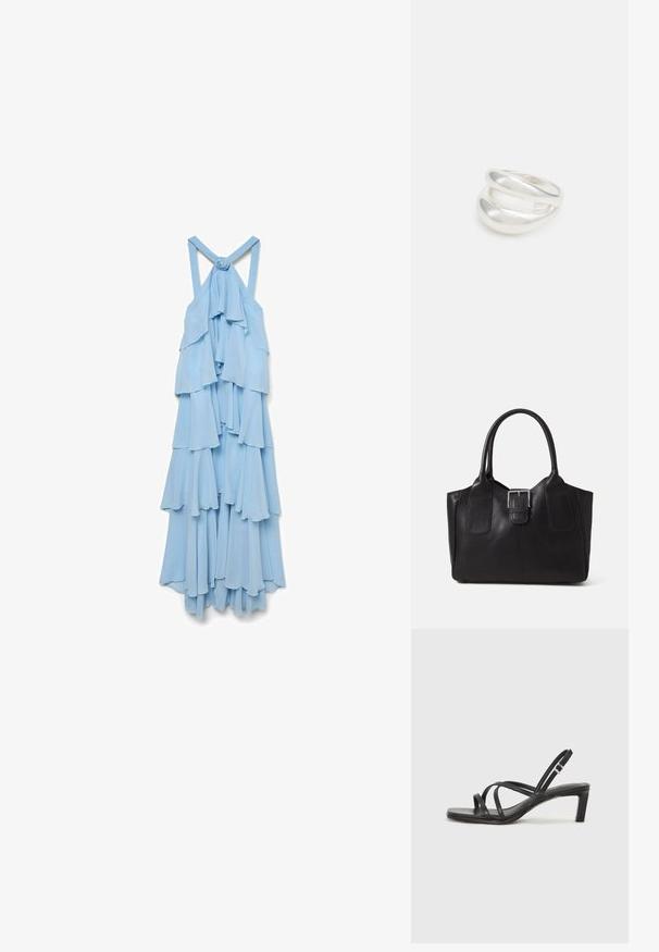 Lyseblå, ærmeløs kjole med lagdelte flæser. Stoffet ser blødt og svævende ud, med en knude detalje på bagsiden af stropperne.; Sort remsandale med firkantet tå og en lav blokeret hæl. Har flere tynde stropper og en justerbar ankelrem. Fremstillet af glat læder.; Sort læder tote taske med glat tekstur, struktureret form, to håndtag og en fremtrædende sølvspænde detalje på forsiden.; Sølvring med dobbeltbånd og en glat, poleret overflade. Den har et flydende, buet design med overlappende sektioner for et moderne udtryk.