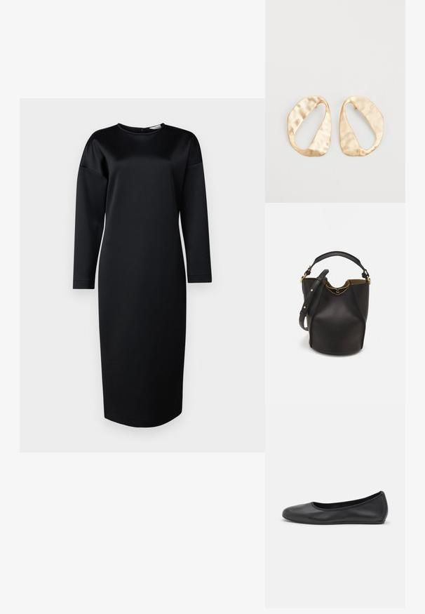 Musta pitkähihainen mekko sileästä kankaasta, jossa on pyöreä pääntie ja suora siluetti, ilman näkyviä kuvioita tai korostuksia.; Musta nahkainen ballerina, jossa on pyöristetty kärki, sileä pinta, minimaalinen ommelkoristelu ja joustava pohjamuotoilu.; Mustan nahka-buckettikassi, jossa on teksturoitu pinta, kultaiset metalliosat ja avoin yläosa. Ominaisuuksiin kuuluu lyhyt kahva ja säädettävä olkahihna.; Pari epämuodostuneita soikeita kultasävyisiä metallikorvakoruja, joissa on teksturoitu, hieman hakattu pinta valkoista taustaa vasten.