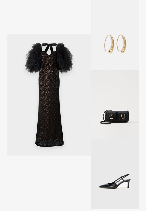 Ida Sjöstedt DARBY DRESS - Roupa de cerimónia - black; Salto slingback em patente preta com bico apontado, apresentando um padrão de pele de cobra texturizado, tira ajustável e um salto bloco curto e texturizado.; Bolsa de ombro em couro preto com dois bolsos frontais, fivelas douradas, fecho de zíper e uma alça fina. Superfície texturizada e forma retangular compacta.; Brincos em metal dourado com forma de arco alongado e curvado. Apresentam uma superfície lisa e brilhante, com uma ponta arredondada para um detalhe adicional.