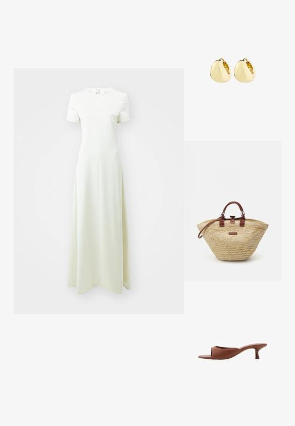 Maxi mekko vaaleanvihreänä, jossa on lyhyet hihat, pyöreä pääntie ja A-linjainen muoto, valmistettu sileästä ja teksturoidusta kankaasta.; Ruske avto čevlji s peto, odprti spredaj, z gladko mat površino, ki imajo ukrivljen dizajn in prozorno, stožčasto peto.; Kudottu olkakassi, jossa on leveä, pyöreä muoto. Ruskeat nahkakahvat ja yksityiskohdat, edessä on suorakaiteen muotoinen etiketti.; Korvakorut, joissa on kultaiset hoopit, sileä ja pyöreä muoto; kiiltävä pinta ja avonainen suljenta, jossa on hienovarainen sauma kiinnittämistä varten.