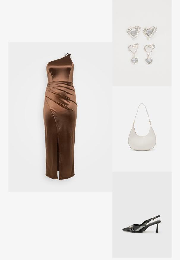 Braunes Satin-Einschulterkleid mit tailliertem Oberteil, drapiertem Textur und einem seitlichen Schlitz, entworfen für eine schlanke, verlängerte Silhouette.; Schwarzer Lackleder Slingback-Schuh mit spitzem Zehenbereich, Knöchelriemen mit silbernen Schnallen und Beschlägen sowie einem schlanken Absatz.; Cremfarbene Leder-Schultertasche mit einer Halbmondform, dünnem Schulterriemen und subtilen Stichdetails. Minimalistisches Design mit goldfarbenen Hardware-Akzenten.; Silberne herzförmige Ohrringe mit facettierten klaren Steinen und einem strukturierten Rahmen. Das Set umfasst Stecker- und Anhänger-Stile.