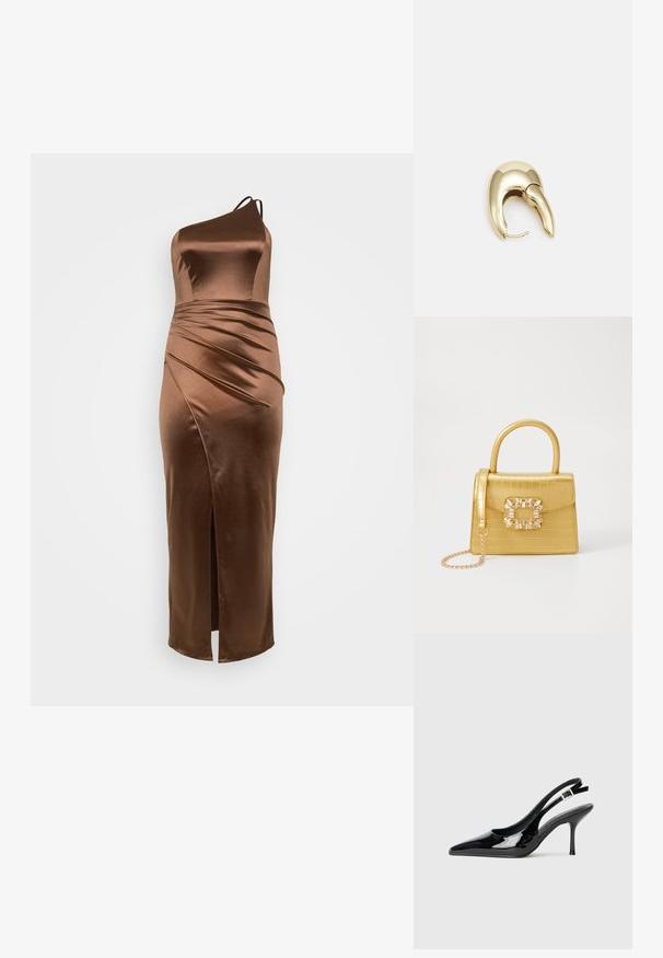 Brown satin one-shoulder dress with a fitted bodice, draped texture, and a side slit, designed for a sleek, elongated silhouette.; Black patent leather slingback pump with a pointed toe and slender heel. Features an adjustable buckle strap at the back. Smooth texture.; Yellow faux-crocodile handbag with a structured design, top handle, detachable chain strap, and decorative crystal embellishment on the clasp.; Gold-tone metal earring with a sleek, curved design. Features a distinctive pointed shape, polished surface, and hinge closure.