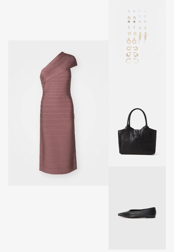 Yksipuoleinen mekko teksturoidusta mauve-kankaasta, jossa on vaakasuora raidallinen muotoilu. Polven mittainen ja tiukasti istuva.; Musta nahkainen ballerinatyyppinen kenkä, terävä kärki, minimalinen muotoilu, sileä pinta, matala korko, ei näkyvää metalliosaa tai koristeita.; Musta nahkainen olkalaukku, jossa on sileä pinta, ryhdikäs muoto, kaksi kahvaa ja silmienpistävä hopeinen solkiyksityiskohta edessä.; Kultasetti kultaisenvärisiä korvakoruja, jotka sisältävät erilaisia muotoiluita, kuten nappikorviksia, rengaskorviksia ja roikkuvia korviksia, joissa on helmiä ja strasseja.