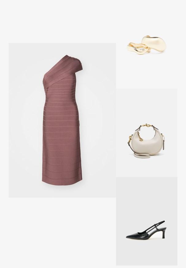 Abito monospalla in tessuto mauve testurizzato, con design a righe orizzontali. Lunghezza al ginocchio con silhouette aderente.; Slingback con tacco in vernice nera con punta affusolata, caratterizzato da una stampa a serpente testurizzata, cinturino regolabile e un tacco corto e testurizzato.; Borsa a mano in pelle crema a forma di mezzaluna, con accessori in oro, dettagli neri e una tracolla rimovibile. Presenta una dettagli in catena e un'etichetta.; Orecchini color oro con una forma organica simile a un fagiolo e una superficie liscia e riflettente; presentano un design minimalista senza hardware visibile.