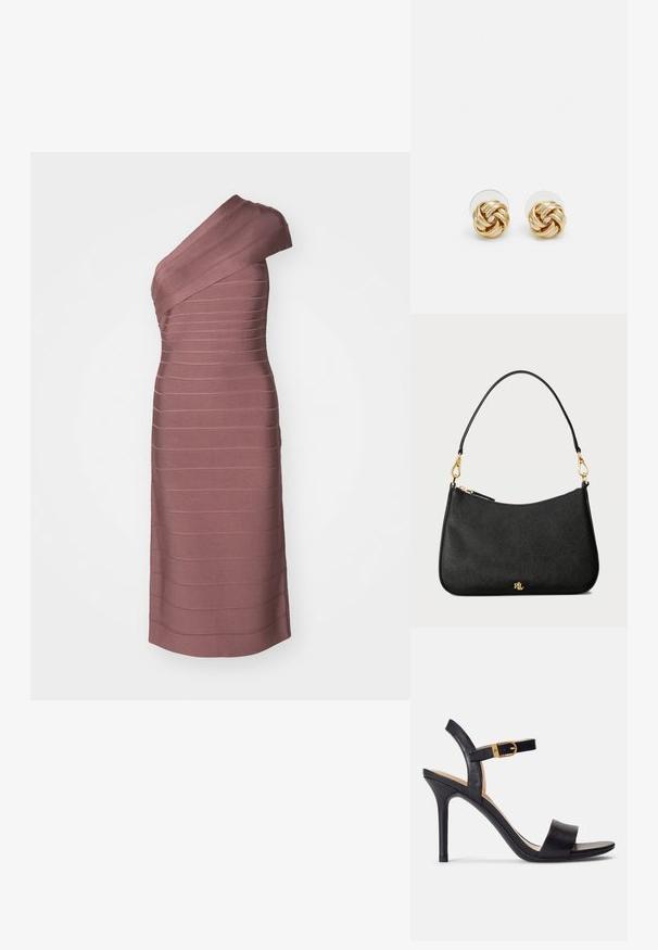 Abito monospalla in tessuto mauve testurizzato, con design a righe orizzontali. Lunghezza al ginocchio con silhouette aderente.; Sandali neri con tacco alto, caratterizzati da un upper in pelle liscia, punta aperta e un design a singolo cinturino con un accentuazione di una fibbia dorata.; Borsa a tracolla in pelle nera con un design strutturato, dotata di chiusura con zip, tracolla removibile e dettagli metallici in oro.; Orecchini a perno in tono oro con design intrecciato. Ogni orecchino presenta uno sfondo circolare trasparente per una vestibilità sicura.