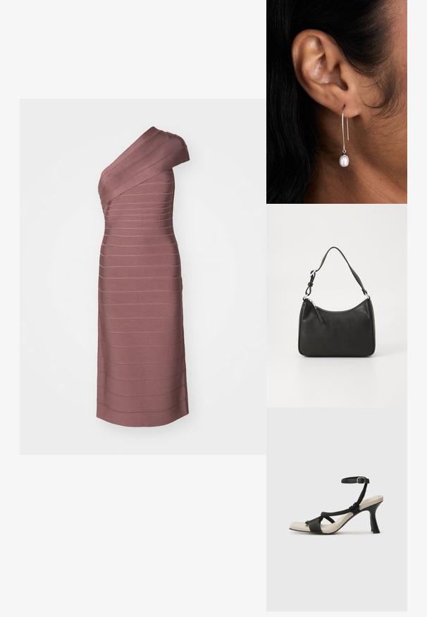 Rochie cu un umăr în stofă texturată de culoare mauve, cu un design cu dungi orizontale. Până la genunchi, cu o siluetă ajustată.; Sandal cu toc negru, cu design de curea împletită, vârf pătrat și curea de gleznă ajustabilă. Tălpică de un bej deschis și toc negru lucios.; Geantă de mână din piele neagră, cu o formă curbată, curea unică, închidere cu fermoar și un branding subtil pe față. Textură fină, design minimalist.; Cercei din argint cu un design elegant, având un suport vertical care se termină cu o singură perlă albă. Designul este simplu, cu o finisare netedă și lustruită.