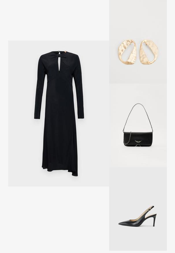 Ilga juoda suknelė, pagaminta iš lygios medžiagos, su raktine iškirpte, ilgomis rankovėmis ir laisvai krentančia sijonu, turinčiu šiek tiek asimetrinį apatinį kraštą.; Juodos odinės slingback aukštakulnės bateliai su smailiu nosiu, reguliuojama juosta ir elegantišku stiletto kulnu, pasižymintys lygia apdaila.; Juodas odinis delninukas su sidabro spalvos grandinele, papuoštas dekoratyviniais sparnų akcentais ir balta siūle apačioje.; Nedidelis nereguliarus ovalo formos aukso tono metalinių auskarų pora su tekstūruota, šiek tiek kalta paviršiumi ant balto fono.