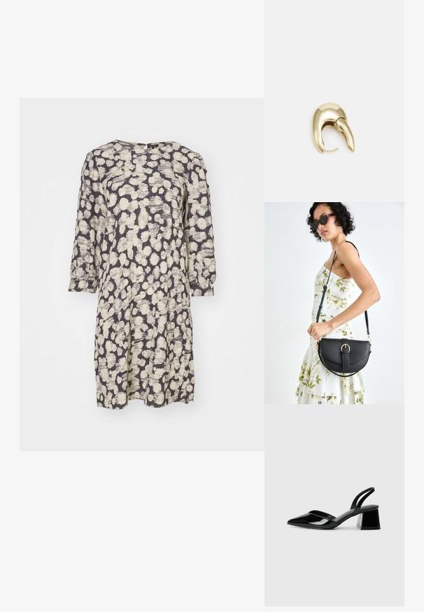 Šaty s krátkym rukávom vyrobené z textúrovaného, ľahkého materiálu. Majú béžový a tmavosivý abstraktný vzor, okrúhly výstrih a voľný strih.; Čierne lakované kožené sandálové podpätky s špicatou špičkou a geometrickým blokovým podpätkom. Disponujú elegantným, minimalistickým dizajnom a hladkým povrchom.; Čierna kožená kabelka s zaobleným tvarom, odnímateľným popruhom a zlatými doplnkami. Kabelka má klopu s detailom s prackou.; Náušnice z kovu v zlatej farbe s elegantným, zakriveným dizajnom. Majú charakteristický špicatý tvar, leštený povrch a uzáver na pánt.