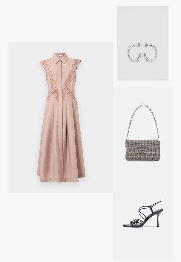 Rankovi bešvori, rožinė suknelė su mygtukais priekyje, tekstūruotas audinys ir išsami banguota siuvinėjimas per pečius ir šonus.; Juodos aukštakulnės sandalai pasižymi plonyčiais dirželiais su mazgo dizainu, lygiu kvadratiniu pirštu ir elegantišku stiletto kulnu.; Šviesiai pilka metalinė rankinė su grandinėlės dirželiu, papuošta mažais apvaliais metaliniais smeigėmis ir trikampiu prekės ženklu.; Sidabrinės auskarai žiedai su lygiu, blizgiu paviršiumi. Suapvalinta forma, lengvas dizainas, su uždarymu ant smeigtuko.