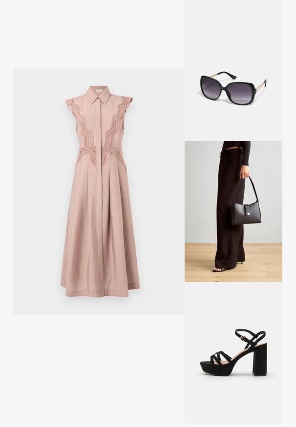 Ujjatlan, rózsaszín ruha gombos elülső résszel, texturált anyagból, és bonyolult, hullámzó hímzéssel a vállakon és az oldalakon.; Fekete velúr platform szandál, tömbsarokkal, keresztbe tett pántokkal és csatos bokapánttal a biztonságos illeszkedés érdekében.; Fekete, oversize napszemüveg fokozatos árnyalatú lencsékkel, vastag kerettel és arany színű lánc díszítéssel a szárakon.; Fekete kézi táska strukturált formával, sima textúrával és fémből készült záródással. Széles fekete nadrággal és nyitott orrú szandállal párosítva, fából készült padlón.