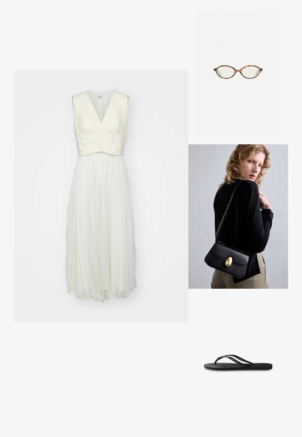 sandro ROBE - Nappali ruha - ecru; Fekete papucs texturált gumitalppal, két vékony pánttal és finom, domború logóval a pánton.; Tortábar színű szemüveg ovális lencsékkel és sima, elegáns felülettel. Vékony szárakkal rendelkezik, amelyeken finom ív található a halántéknál. Átlátszó lencsék.; Fekete bőr kézitáska ívelt formával, kiemelkedő arany ovális zárszerkezettel, állítható pánttal és minimalista dizájnnal.