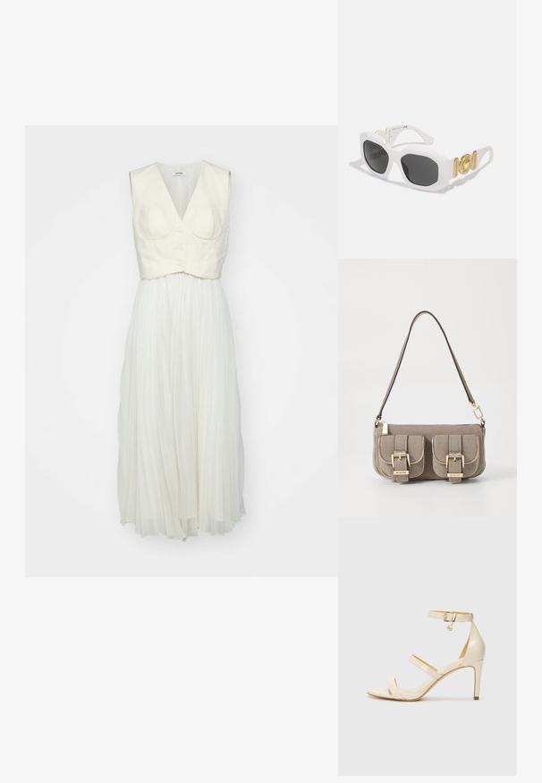 sandro ROBE - Freizeitkleid - ecru; Beige High Heels Sandalen mit dünnem Knöchelriemen und zwei oberen Riemen. Glänzende Lackoberfläche und goldene Hardware-Details am Knöchelriemen.; Weiße achteckige Sonnenbrille mit dunklen Gläsern. Verfügt über goldene Hardware-Akzente und ein strukturiertes Design an den Bügeln.; Beige strukturiertes Handtäschchen mit verstellbarem Tragegurt, zwei vorderen Taschen, die mit Schnallen gesichert sind, und goldenen Metallakzenten. Reißverschlussöffnung oben.