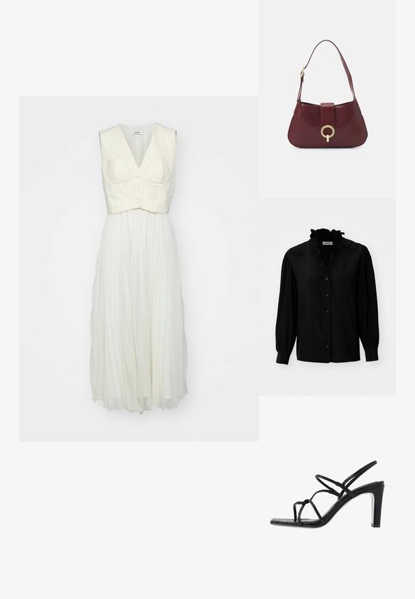 sandro ROBE - Freizeitkleid - ecru; Schwarze Bluse mit einem rüschierten V-Ausschnitt, langen Puffärmel und Knopfverschluss. Hergestellt aus glattem Material mit einem leichten Glanz.; Schwarze Absatzsandalen mit dünnen Riemen, strukturiertem Finish, offener Zehenpartie und einem eleganten, spitzen Absatzdesign. Verfügt über eine glatte Innensohle und eine glänzende Oberfläche.; Burgunderfarbene Lederhandtasche mit geschwungener Form, einem goldenen, runden Hardware-Akzent und einem einzigen Schultergurt. Glatte Textur, minimalistisches Design.