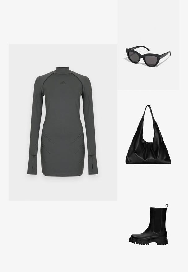 Maglietta sportiva a maniche lunghe in tessuto grigio scuro con collo alto, caratterizzata da dettagli perforati sottili e un logo sul petto.; Stivale alla caviglia in pelle nera con pannelli elastici laterali, linguetta di trazione e una suola spessa e robusta. Texture liscia con un design moderno.; Occhiali da sole neri a forma di occhio di gatto con finitura opaca, dotati di lenti grigie, angoli acuti e stanghette slanciate. Nome del marchio visibile all'interno della stanghetta.; Borsa hobo in pelle nera con una forma morbida e curvata. Presenta un ampio manico superiore e pieghe alla base per una texture morbida.