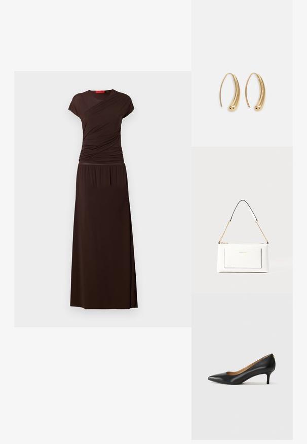 A long, brown dress with short sleeves, featuring a ruched bodice and a smooth, flowing skirt. Made from soft, stretchy material.; Black leather pump with a pointed toe, low heel, and a smooth texture. Features a slight opening at the front and minimal hardware at the back.; White leather handbag with a textured finish, featuring a gold chain strap and black accents. Includes a front pocket and zipper closure.; Gold-tone metal hoop earrings with a curved, elongated shape. Features a smooth, shiny surface and a rounded tip for added detail.
