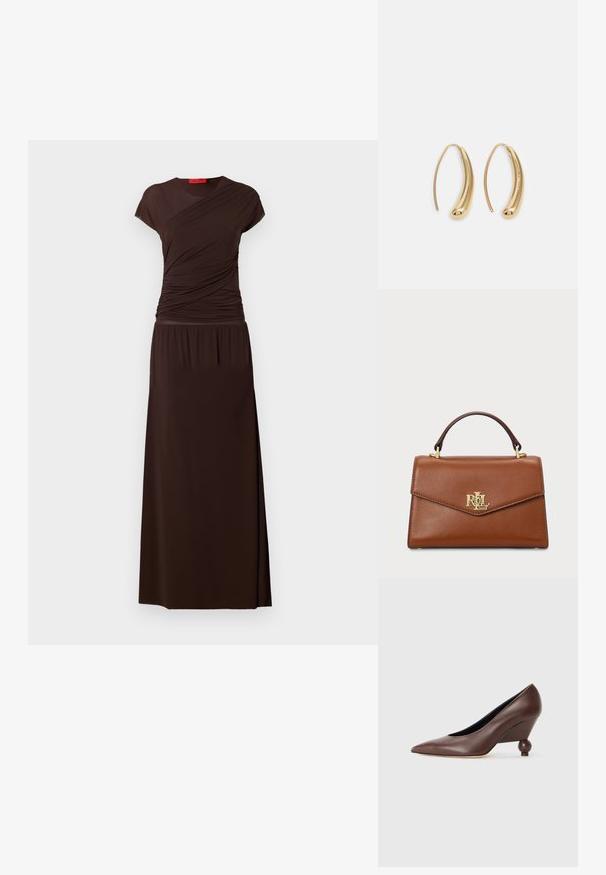 A long, brown dress with short sleeves, featuring a ruched bodice and a smooth, flowing skirt. Made from soft, stretchy material.; Brown leather wedge pump with a pointed toe and a rounded, ball-shaped heel. Smooth texture with a simple design and minimal accents.; Brown leather handbag with a structured design, a top handle, gold hardware, and a logo accent on the front. Smooth texture.; Gold-tone metal hoop earrings with a curved, elongated shape. Features a smooth, shiny surface and a rounded tip for added detail.