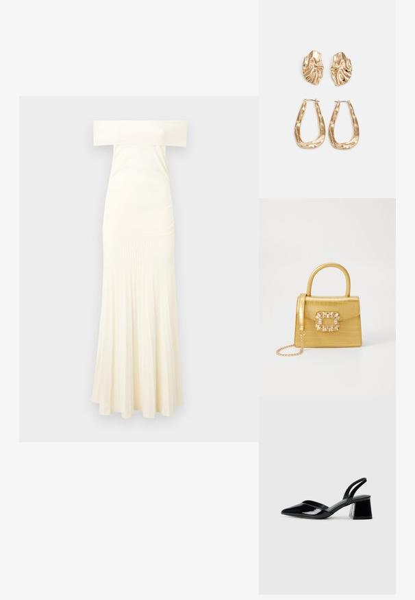 Off-shoulder, tettsittende kjole i off-white, med ribbet tekstur nederst og en utsvingd silhuett.; Svarte patentlær slingback hæler med spiss tå og geometrisk blokk hæl. Har et stilrent, minimalistisk design og jevn tekstur.; Gul faux-krokodille veske med en strukturert design, toppen håndtak, avtagbar kjede stropp, og dekorativ krystallbortsettelse på låsen.; Gullfargede øredobber med teksturerte, bølgete former. Inkluderer skulpturelle klipsstuds og åpen hoop-design med en hamret finish.