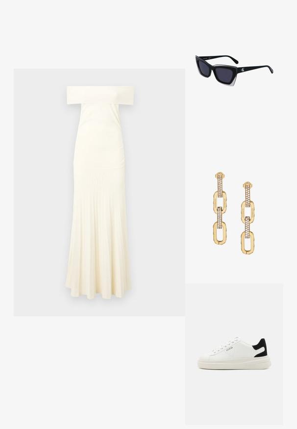 Mekko, joka on hartialla ja vartalonmyötäinen, off-white-värissä, jossa on ribbed-tekstuuria alhaalla ja levenevä siluetti.; Valkoiset nahkakengät paksulla valkoisella pohjalla, mustalla mokkanahkaosuudella kannassa ja kohokuvioitu logo sivulla. Nauhakeskitys kuudella reiällä.; Mustat ylisuuret aurinkolasit, joissa on geometrinen muoto, tummat linssit ja kehykseen erottuva harmaa yksityiskohta. Logo varressa.; Kultaketju korvakorut, joissa on kirkas kristallituki, kaiverrettu "GUESS" -brändäys ja sileä pinta.