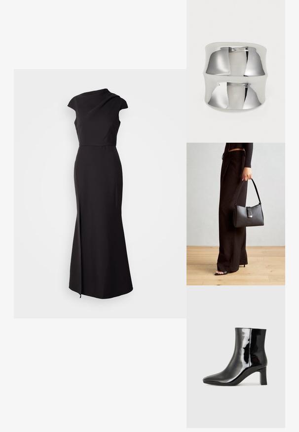Crna haljina bez rukava s visokim izrezom, pripijeni gornji deo i suknja do poda koja ima bočni prorez i glatku, mat teksturu.; Crne lakirane kožne gležnjače s šiljastim prstom i srednje visokom blok petom. Glatka tekstura i minimalistički dizajn.; Crna torba s oblikom koji sadrži strukturu, glađu teksturu i metalnu kopču. Uparena s širokim crnim hlačama i sandalama na otvorenom s drvenog poda.; Srebrna narukvica u obliku prstenja s glatkom, reflektirajućom površinom. Ima zakrivljen dizajn i široku traku, stvarajući moderan, minimalistički izgled.